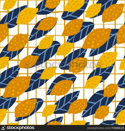Lemon seamless pattern on stripe background. Print with citrus fruits collection. Hand drawn summer design for fabric, textile print, wrapping paper, children textile. Vector illustration. Lemon seamless pattern on stripe background. Print with citrus fruits collection.