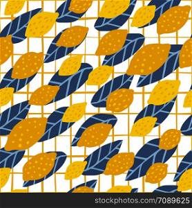 Lemon seamless pattern on stripe background. Print with citrus fruits collection. Hand drawn summer design for fabric, textile print, wrapping paper, children textile. Vector illustration. Lemon seamless pattern on stripe background. Print with citrus fruits collection.