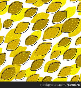 Lemon seamless pattern on white background Print with citrus fruits collection. Hand drawn summer design for fabric, textile print, wrapping paper, children textile. Vector illustration. Lemon seamless pattern on white background Print with citrus fruits collection.