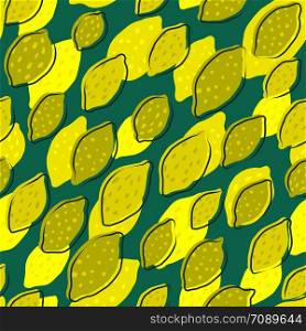 Lemon seamless pattern. Print with citrus fruits collection. Hand drawn summer design for fabric, textile print, wrapping paper, children textile. Vector illustration. Lemon seamless pattern. Print with citrus fruits collection.