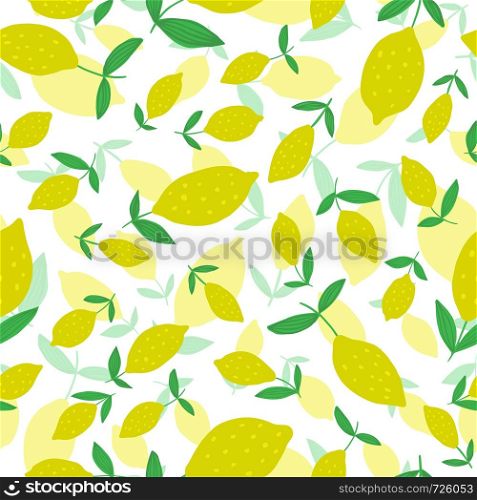 Lemon seamless pattern with leaves. Hand drawn seamless pattern with citrus fruits collection. Summer design for fabric, textile print, wrapping paper, children textile. Vector illustration. Hand drawn Lemon seamless pattern with leaves.