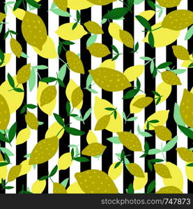 Lemon seamless pattern with leaves on stripes background. Hand drawn seamless pattern with citrus fruits collection. Vector illustration. Lemon seamless pattern with leaves on stripes. Hand drawn