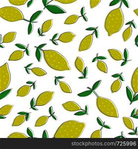 Lemon seamless pattern with leaves on white background. Seamless pattern with citrus fruits collection. Summer design for fabric, textile print, wrapping paper, children textile. Vector illustration. Hand drawn Lemon seamless pattern with leaves.