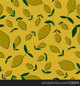 Lemon seamless pattern with leaves on yellow background. Seamless pattern with citrus fruits collection. Summer design for fabric, textile print, wrapping paper, children textile. Vector illustration. Hand drawn Lemon seamless pattern with leaves.