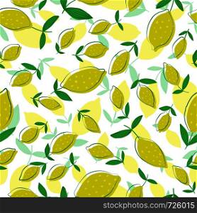 Lemon seamless pattern with leaves. Seamless pattern with citrus fruits collection. Summer design for fabric, textile print, wrapping paper, children textile. Vector illustration. Hand drawn Lemon seamless pattern with leaves.