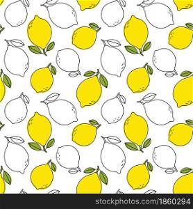 Lemon sketch seamless pattern. Citrus fruit with leaf. Color food vector illustration