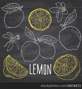 Lemon sketch set. Hand drawn doodles lemon fruits with leaves. Vector illustration on chalkboard.. Lemon sketch set. Hand drawn doodles lemon fruits with leaves. Vector illustration on chalkboard