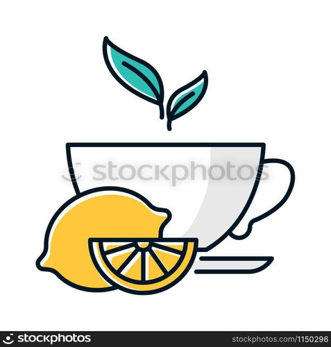 Lemon tea color icon. Common cold aid. Flu virus, influenza infection cure. Healthcare. Aromatic teacup. Hot drink in cup. Antioxidant with vitamin C. Beverage to relax. Isolated vector illustration