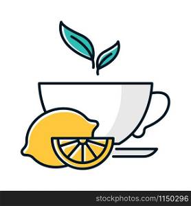 Lemon tea color icon. Common cold aid. Flu virus, influenza infection cure. Healthcare. Aromatic teacup. Hot drink in cup. Antioxidant with vitamin C. Beverage to relax. Isolated vector illustration