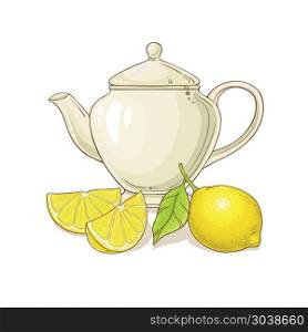lemon tea illustration. lemon tea in teapot illustration on white background