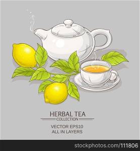 lemon tea vector illustration. cup of lemon tea and teapot on color background