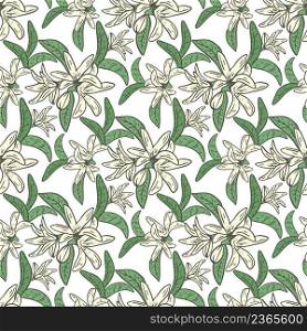 Lemon tree blossom seamless pattern. Background with snowy small white flowers and leaves. Botanical natural template for fabric, paper, wallpaper design vector illustration