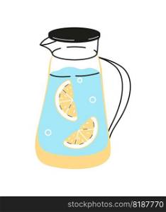 Lemon water vector illustrtion in doodle style. Jug with cold lemonade. Refresh summer drinks with citrus pieces in bottle. Lemon water vector illustrtion in doodle style. Jug with cold lemonade. Refresh summer drinks with citrus pieces