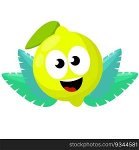 Lemon with face. Eyes, mouth on sour fruit. Mascot and emotions. Funny and cute yellow element with green leaves. Cartoon flat illustration. Lemon with face. Eyes, mouth on sour fruit