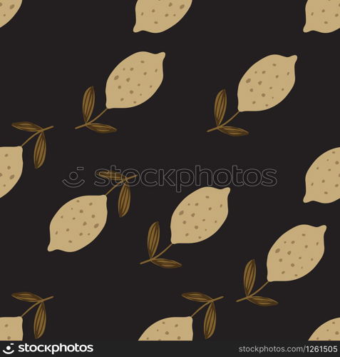 Lemon with leaf seamless pattern on black background. Hand drawn citrus fruits wallpaper. Modern design for fabric, textile print, wrapping paper, kitchen textiles. Vector illustration. Lemon with leaf seamless pattern on black background. Hand drawn citrus fruits wallpaper.