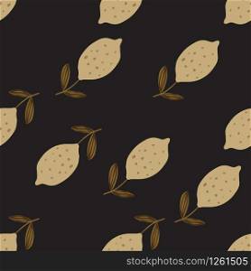 Lemon with leaf seamless pattern on black background. Hand drawn citrus fruits wallpaper. Modern design for fabric, textile print, wrapping paper, kitchen textiles. Vector illustration. Lemon with leaf seamless pattern on black background. Hand drawn citrus fruits wallpaper.