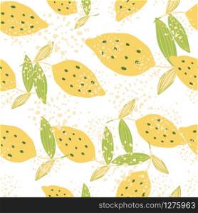 Lemon with leaf seamless pattern on white background. Hand drawn citrus fruits wallpaper. Modern design for fabric, textile print, wrapping paper, kitchen textiles. Vector illustration. Lemon with leaf seamless pattern on white background. Hand drawn citrus fruits wallpaper.