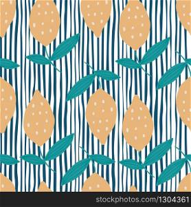 Lemon with leaves seamless pattern on stripes background. Hand drawn citrus fruits. Design for fabric, textile print, wrapping paper, children textile. Modern design. Trendy vector illustration. Lemon with leaves seamless pattern on stripes background. Hand drawn citrus fruits.
