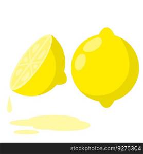 Lemon. Yellow sour fruit. Set of objects with vitamin C. Cut food. Cartoon flat illustration. Drop of juice. Lemon. Yellow sour fruit.