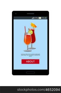 Lemonade cocktails decorated with straws and lemon on phone screen in mobile application vector illustration of online application with button about. Lemonade Cocktails Decorated with Straws and Lemon