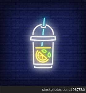 Lemonade neon sign. Glass of iced tea with lemon on dark brick wall background. Night bright advertisement. Vector illustration in neon style for cafe or beach bar