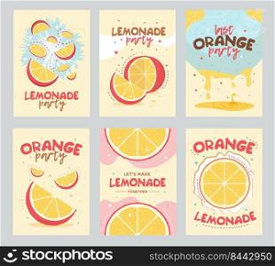 Lemonade party invitation cards design. Orange, fruit. Vector illustration set can be used for invitations, advertising, posters