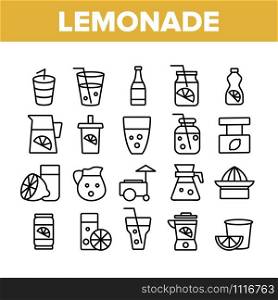 Lemonade Tasty Drink Collection Icons Set Vector Thin Line. Lemonade In Glass With Tube And In Bottle, Juicer And Lemon Sliced Piece Concept Linear Pictograms. Monochrome Contour Illustrations. Lemonade Tasty Drink Collection Icons Set Vector