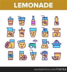 Lemonade Tasty Drink Collection Icons Set Vector Thin Line. Lemonade In Glass With Tube And In Bottle, Juicer And Lemon Sliced Piece Concept Linear Pictograms. Color Contour Illustrations. Lemonade Tasty Drink Collection Icons Set Vector