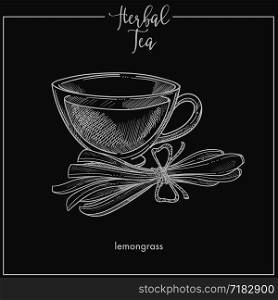 Lemongrass tea cup chalk sketch on black background. Vector isolated icon of herbal tea mug with lemon slice for cafeteria menu or drink packaging design template. Lemongrass tea cup chalk sketch vector icon for herbal tea, cafeteria or packaging design template