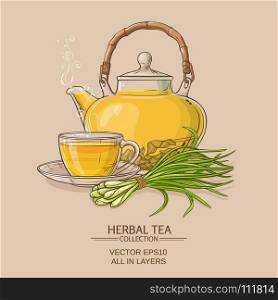 lemongrass tea illustration. cup of lemongrass tea and teapot on color background