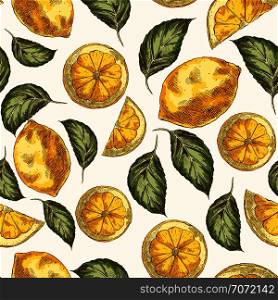Lemons and slices hand drawn vector seamless pattern. Citrus fruits engraving style color backdrop. Ink brush, pen drawing. Realistic leaves, flowers background. Botanical wrapping paper, wallpaper design