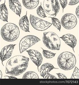 Lemons hand drawn vector sketch seamless pattern. Citrus fruits and slices engraving style color backdrop. Ink brush, pen drawing. Botanical wrapping paper, wallpaper design, background