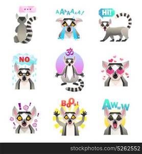 Lemur Emoji Stickers Set. Lemur emotions set of similar flat isolated cartoon macaco character emoticons with decorative signs and text vector illustraton
