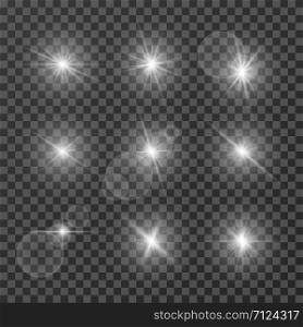 Lens effects. Camera flash light, flare. White light spot glowing sparkles, starlight isolated on transparent background vector set. Illustration of sparkle glow, flash star shine, bright lens. Lens effects. Camera flash light, flare. White light spot glowing sparkles, starlight isolated on transparent background vector set
