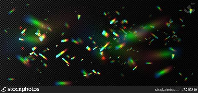 Lens flares, effect of light refraction from prism or diamond. Vector realistic illustration of bright rainbow streaks and sparkles isolated on transparent background. Rainbow lens flares, effect of light refraction