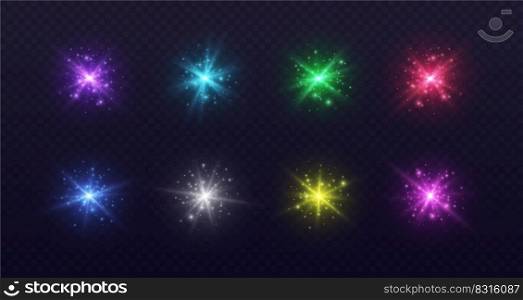 Lens flares with sparkles, colorful starbursts set, shiny camera flashes. Glowing lasers with particles, transparent overlay glare effect. Magic spark with fairy dust. Vector illustration.. Lens flares with sparkles, colorful starbursts set, shiny camera flashes.