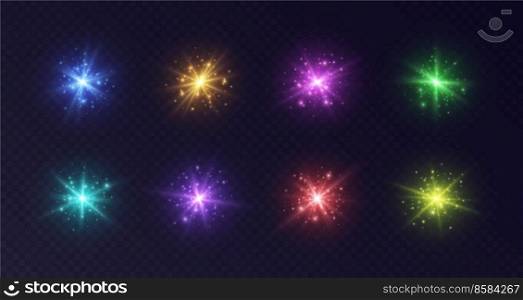 Lens flares with sparkles, colorful starbursts set, shiny camera flashes. Glowing lasers with particles, transparent overlay glare effect. Magic spark with fairy dust. Vector illustration.. Lens flares with sparkles, colorful starbursts set, shiny camera flashes.