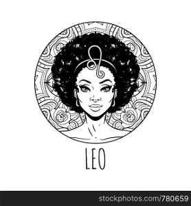 Leo zodiac sign artwork, adult coloring book page, beautiful horoscope symbol girl, vector illustration