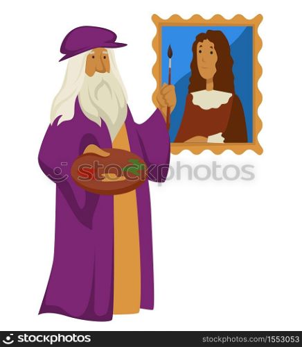 Leonardo da Vinci with palette and paintbrush and portrait Renaissance artist vector isolated character painting art paint and picture ancient portraitist elderly man with beard in hat and long robe. Renaissance artist Leonardo da Vinci with palette and paintbrush and portrait