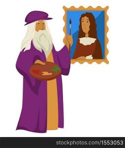 Leonardo da Vinci with palette and paintbrush and portrait Renaissance artist vector isolated character painting art paint and picture ancient portraitist elderly man with beard in hat and long robe. Renaissance artist Leonardo da Vinci with palette and paintbrush and portrait