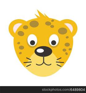 Leopard face vector. Flat design. Animal head cartoon icon. Illustration for nature concepts, children s books illustrating, printing materials, web. Funny mask or avatar. Isolated on white background . Leopard Face Vector Illustration in Flat Design. Leopard Face Vector Illustration in Flat Design