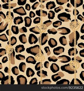 Leopard Seamless Pattern with Golden Chain and Knots. Vector Illustration. Animal Print.