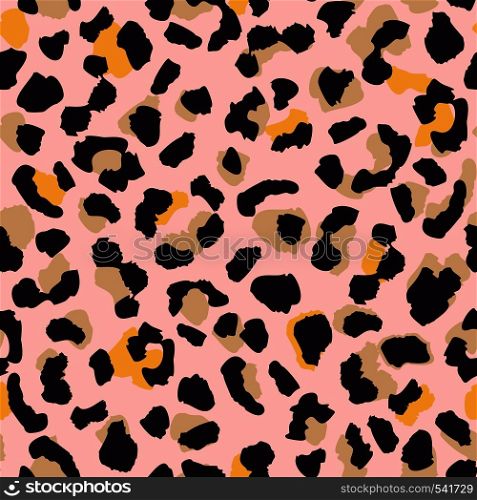 Leopard skin seamless pattern texture repeat. Abstract animal fur wallpaper. Black and brown colors on pink background. Contemporary wild african cats backdrop. Concept trendy fabric textile design. Leopard skin seamless pattern texture repeat. Abstract animal fur wallpaper.