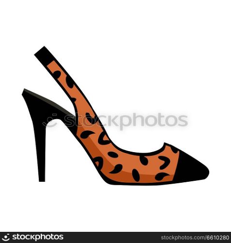 Leopard slingback shoe with black toe on high heel isolated on white background. Fashionable women footgear for chic look. Footwear with print vector illustration. Bright accent in casual outfit.. Glamorous Leopard Slingback Shoe Illustration