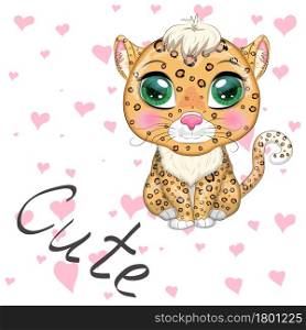 Leopard with beautiful eyes in cartoon style, colorful illustration for children. Leopard cat with characteristic spots and color. Leopard with beautiful eyes in cartoon style, colorful illustration for children. Leopard cat with characteristic spots