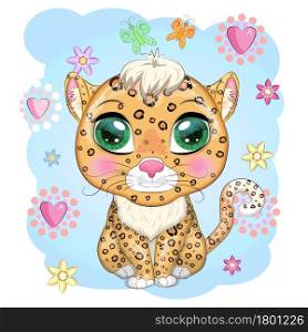 Leopard with beautiful eyes in cartoon style, colorful illustration for children. Leopard cat with characteristic spots and color. Leopard with beautiful eyes in cartoon style, colorful illustration for children. Leopard cat with characteristic spots