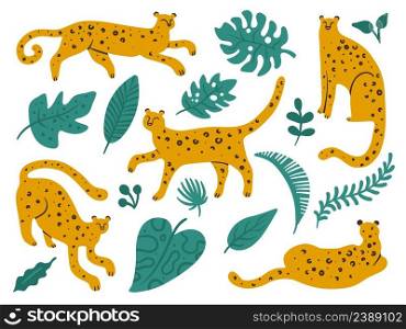 Leopards and plants. Wild animals. Jungle feline predators with tropical palm leaves. Cute doodle spotted cheetahs in different poses. Savannah carnivore exotic mammals. Vector furry jaguars set. Leopards and plants. Wild animals. Jungle feline predators with tropical leaves. Cute doodle spotted cheetahs in different poses. Savannah carnivore mammals. Vector furry jaguars set