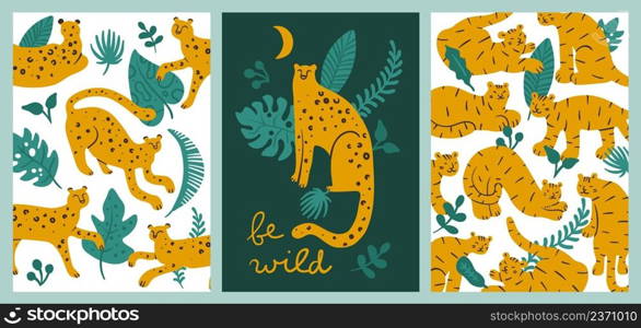 Leopards and tigers cards. Cute animals, primitive doodle style, exotic wildlife, tropical plants, trendy jaguars and cheetahs. Wild cats different poses, patterns and posters collection, vector set. Leopards and tigers cards. Cute animals, primitive doodle style, exotic wildlife, tropical plants, trendy jaguars and cheetahs. Wild cats patterns and posters vector set