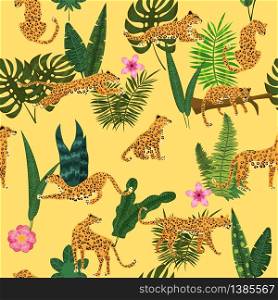 Leopards in different poses with tropical plants leaves flowers seamless pattern. Leopards in different poses with tropical plants leaves flowers seamless pattern. Vector isolated trendy style