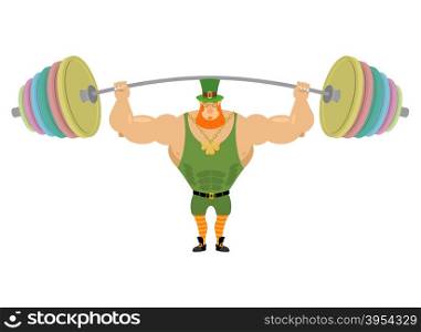 Leprechaun and barbell sports. Bench press barbell above his head. Exercises for shoulders. Strong, powerful old man with Red Beard. Fairy dwarf. Golden clover at the chain. Character for St. Patrick&rsquo;s day in Ireland